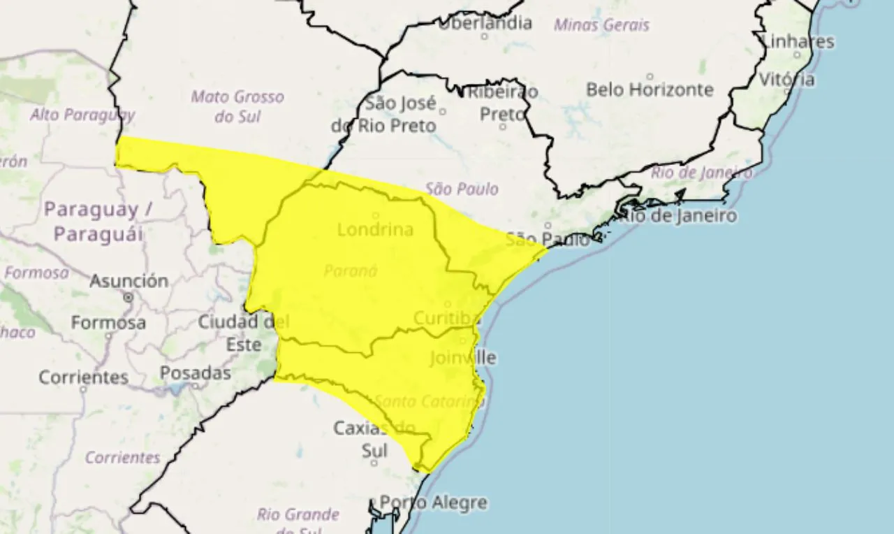 o mapa mostra as áreas em alerta para chuvas e ventos